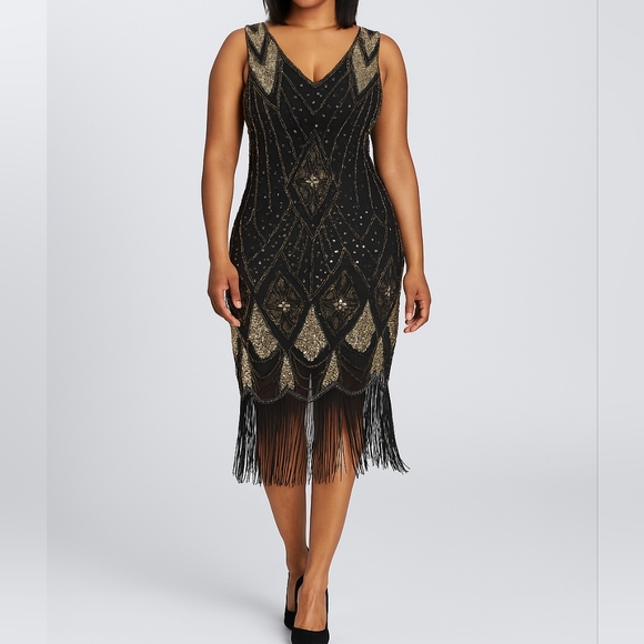 Elegant Black and Gold Sequin Dress 1920s Flapper Dress Women's Size XXL - Picture 1 of 14